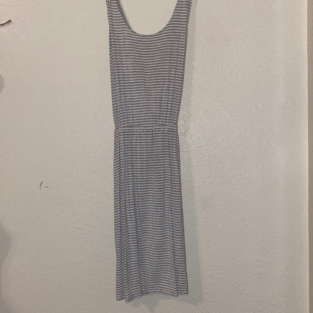 gray and white striped dress, cross back, SMALL